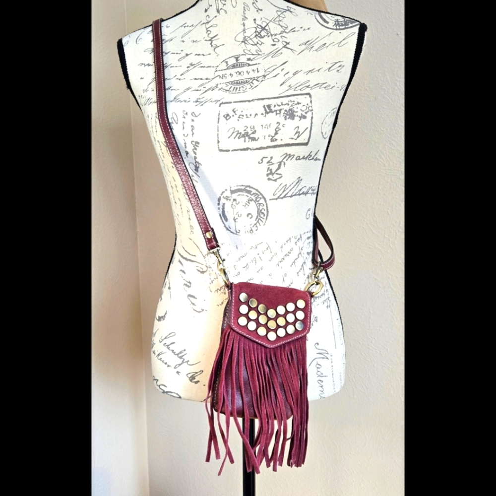 Firenze Bella - Burgundy Fringe Leather Bag Studded Crossbody Adjustable 90s